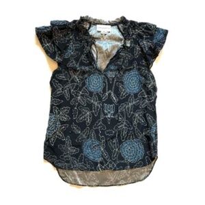 Charlotte Brody Top Shirt Womens XS Black Blue Flutter Sleeve Floral Print Silk